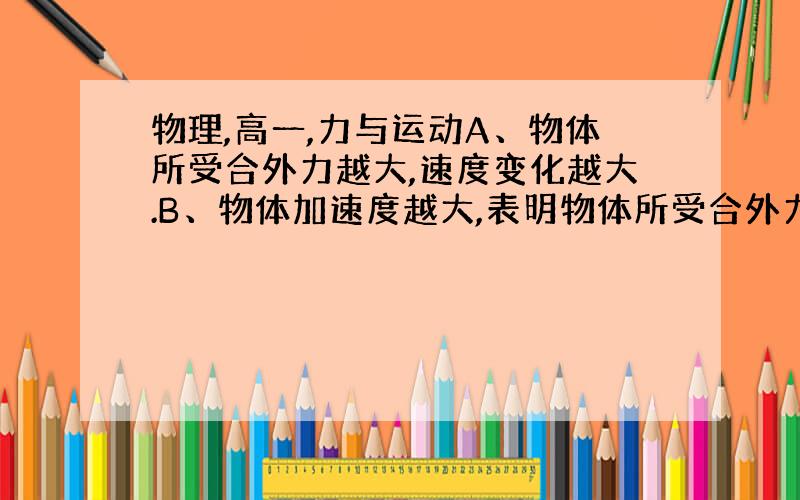 物理,高一,力与运动A、物体所受合外力越大,速度变化越大.B、物体加速度越大,表明物体所受合外力越大.A句是错误的,B句