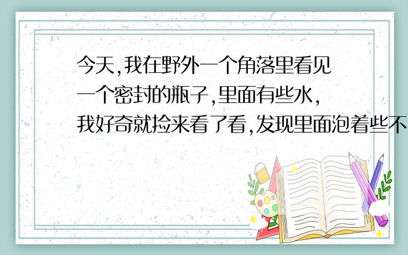 今天,我在野外一个角落里看见一个密封的瓶子,里面有些水,我好奇就捡来看了看,发现里面泡着些不明物体