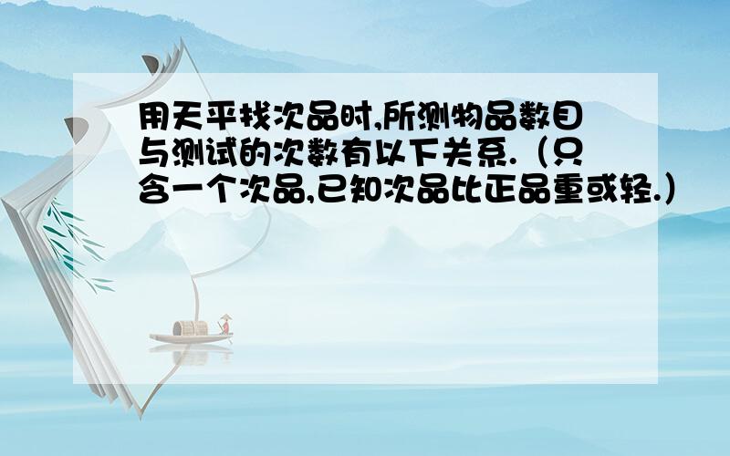 用天平找次品时,所测物品数目与测试的次数有以下关系.（只含一个次品,已知次品比正品重或轻.）