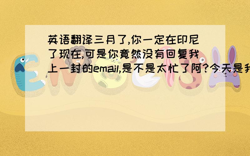 英语翻译三月了,你一定在印尼了现在,可是你竟然没有回复我上一封的email,是不是太忙了阿?今天是我的生日哦,谁也不记得