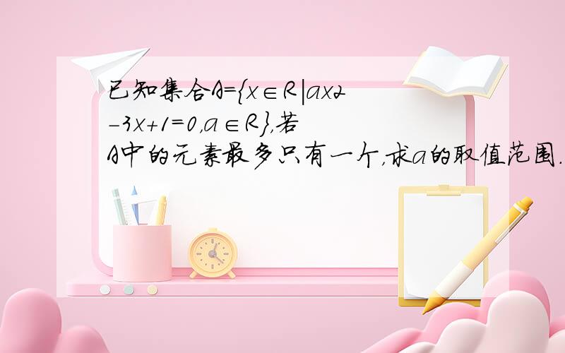 已知集合A={x∈R|ax2-3x+1=0，a∈R}，若A中的元素最多只有一个，求a的取值范围．