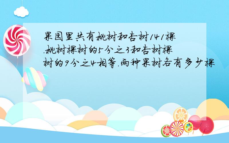 果园里共有桃树和杏树141棵.桃树棵树的5分之3和杏树棵树的9分之4相等.两种果树各有多少棵