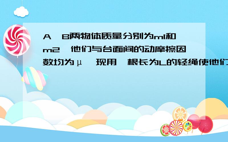 A、B两物体质量分别为m1和m2,他们与台面间的动摩擦因数均为μ,现用一根长为L的轻绳使他们连结,将A放在转台中心,B放