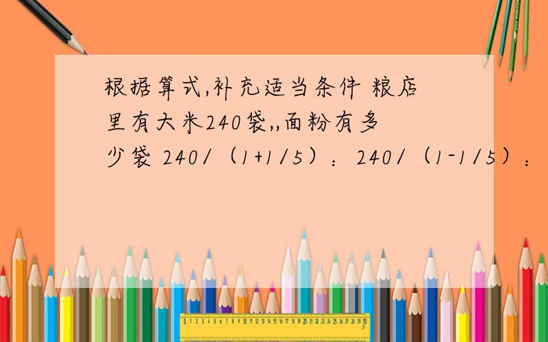 根据算式,补充适当条件 粮店里有大米240袋,,面粉有多少袋 240/（1+1/5）：240/（1-1/5）：