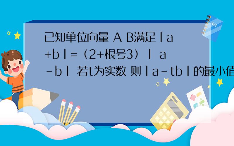 已知单位向量 A B满足丨a+b丨=（2+根号3）丨 a-b丨 若t为实数 则丨a-tb丨的最小值为求详细解释分析解答标