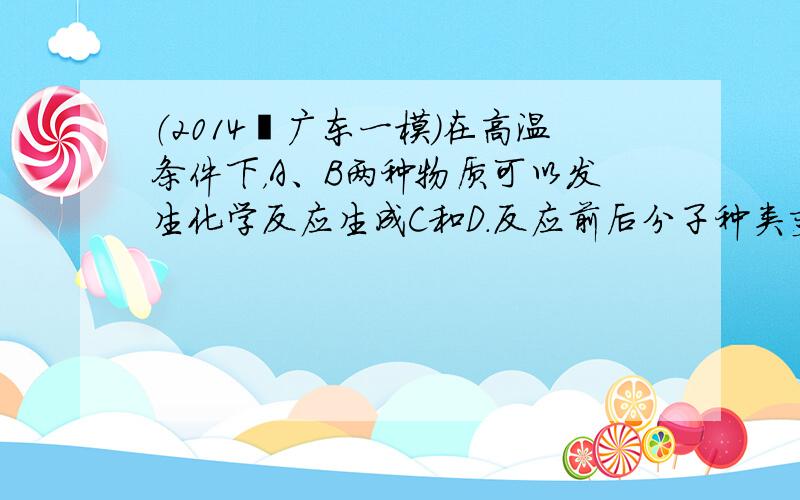 （2014•广东一模）在高温条件下，A、B两种物质可以发生化学反应生成C和D．反应前后分子种类变化的微观示意图如下所示．