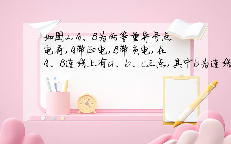 如图2,A、B为两等量异号点电荷,A带正电,B带负电,在A、B连线上有a、b、c三点,其中b为连线的中点,ab＝bc,则