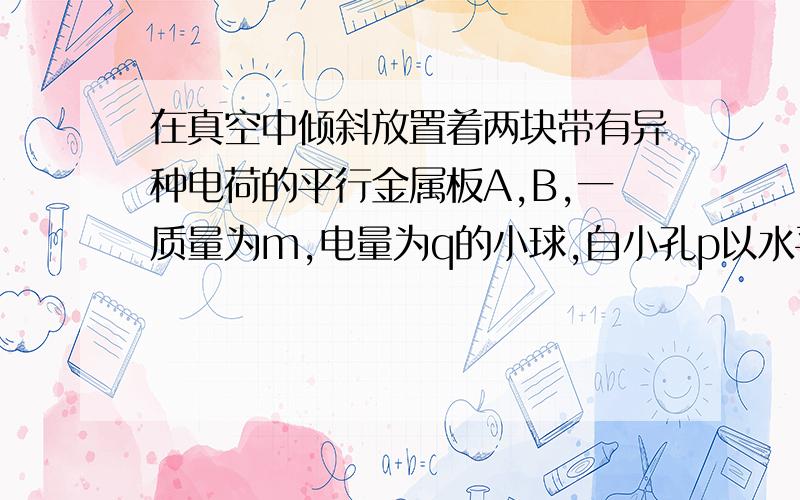 在真空中倾斜放置着两块带有异种电荷的平行金属板A,B,一质量为m,电量为q的小球,自小孔p以水平速度v射入