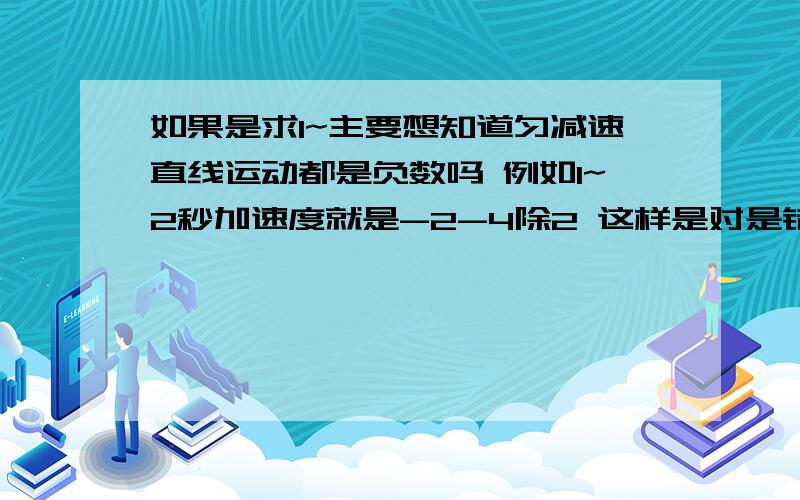 如果是求1~主要想知道匀减速直线运动都是负数吗 例如1~2秒加速度就是-2-4除2 这样是对是错?