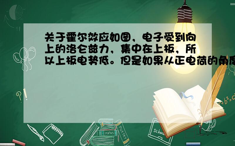 关于霍尔效应如图，电子受到向上的洛仑兹力，集中在上板，所以上板电势低。但是如果从正电荷的角度看就是上板电势低了啊。求为什