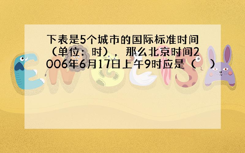 下表是5个城市的国际标准时间（单位：时），那么北京时间2006年6月17日上午9时应是（　　）