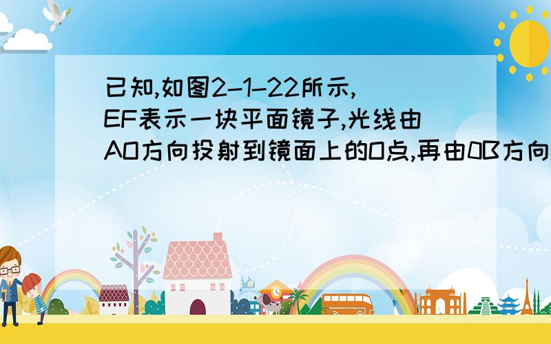 已知,如图2-1-22所示,EF表示一块平面镜子,光线由AO方向投射到镜面上的O点,再由0B方向反射出来