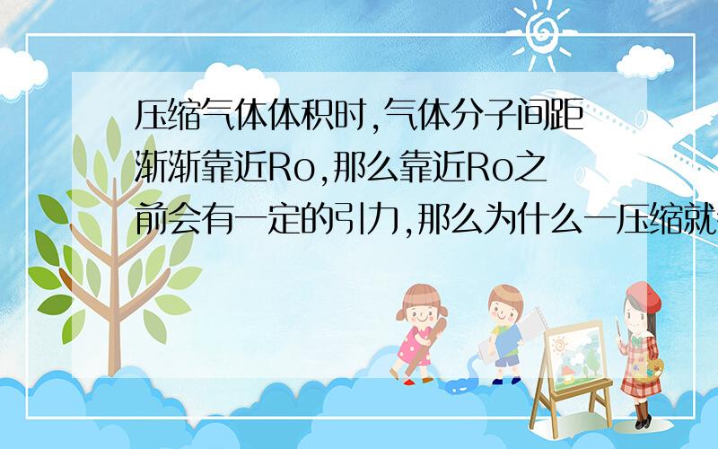 压缩气体体积时,气体分子间距渐渐靠近Ro,那么靠近Ro之前会有一定的引力,那么为什么一压缩就会觉得费力