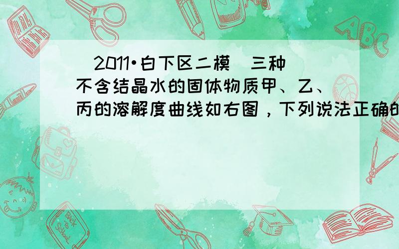 （2011•白下区二模）三种不含结晶水的固体物质甲、乙、丙的溶解度曲线如右图，下列说法正确的是（　　）