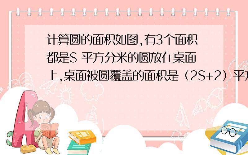 计算圆的面积如图,有3个面积都是S 平方分米的圆放在桌面上,桌面被圆覆盖的面积是（2S+2）平方分米,并且重合的两块面积