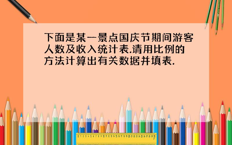 下面是某一景点国庆节期间游客人数及收入统计表.请用比例的方法计算出有关数据并填表.