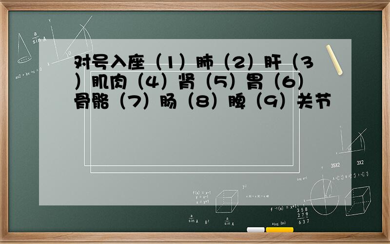 对号入座（1）肺（2）肝（3）肌肉（4）肾（5）胃（6）骨骼（7）肠（8）脾（9）关节