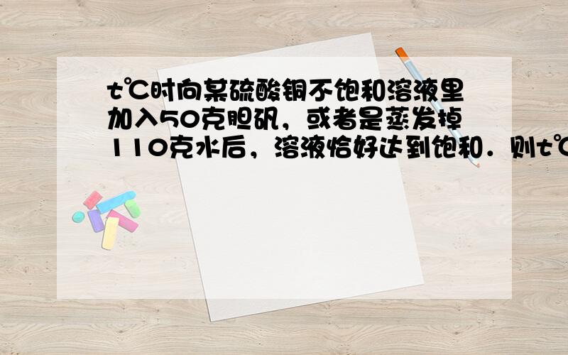 t℃时向某硫酸铜不饱和溶液里加入50克胆矾，或者是蒸发掉110克水后，溶液恰好达到饱和．则t℃时硫酸铜的溶解度为____