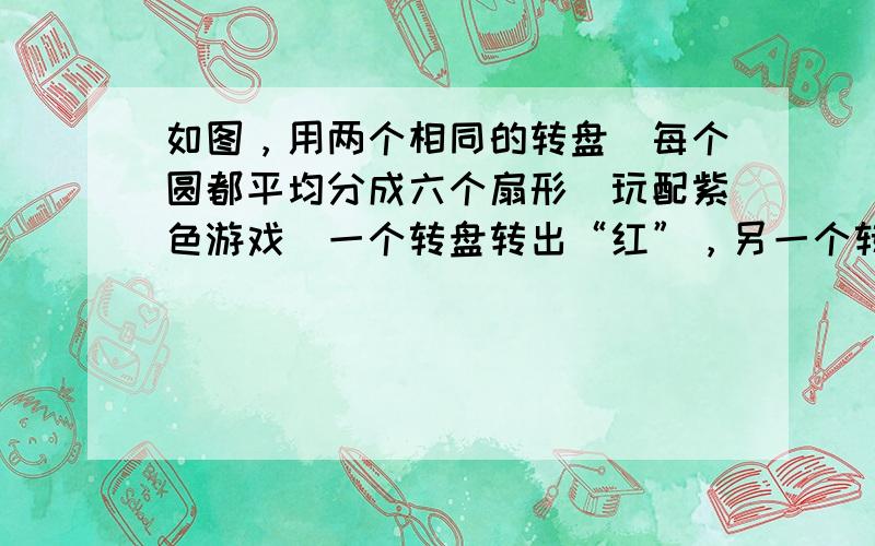 如图，用两个相同的转盘（每个圆都平均分成六个扇形）玩配紫色游戏（一个转盘转出“红”，另一个转盘转出“蓝”，则为配成紫色）