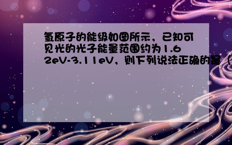 氢原子的能级如图所示，已知可见光的光子能量范围约为1.62eV-3.11eV，则下列说法正确的是（　　） 