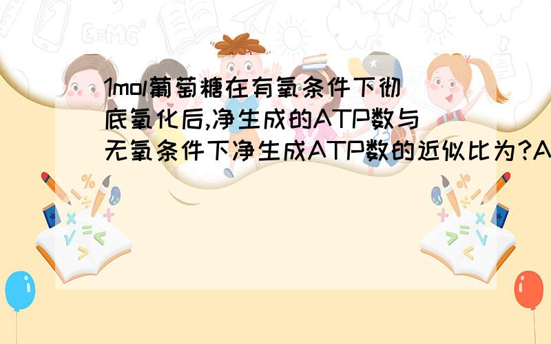 1mol葡萄糖在有氧条件下彻底氧化后,净生成的ATP数与无氧条件下净生成ATP数的近似比为?A 2:1 B 9:1 C