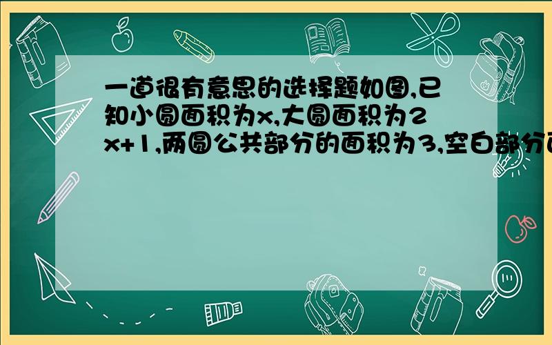 一道很有意思的选择题如图,已知小圆面积为x,大圆面积为2x+1,两圆公共部分的面积为3,空白部分面积为40,则x等于（