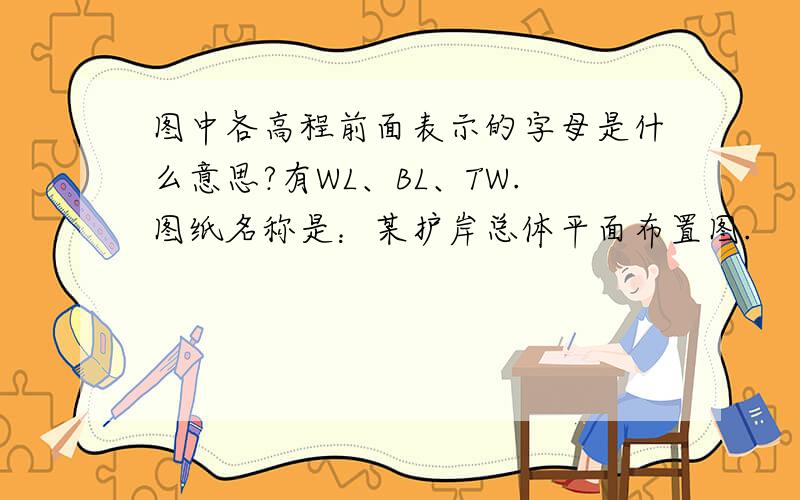 图中各高程前面表示的字母是什么意思?有WL、BL、TW.图纸名称是：某护岸总体平面布置图.