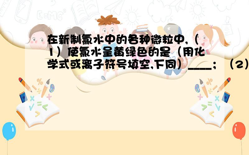 在新制氯水中的各种微粒中,（1）使氯水呈黄绿色的是（用化学式或离子符号填空,下同）____；（2）能使AgNO3溶液产生