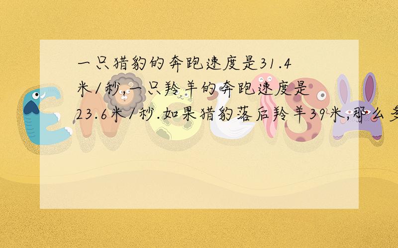 一只猎豹的奔跑速度是31.4米/秒,一只羚羊的奔跑速度是23.6米/秒.如果猎豹落后羚羊39米,那么多长时间后猎豹能追上