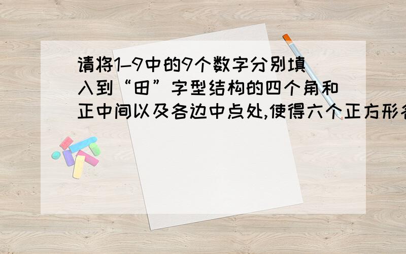 请将1-9中的9个数字分别填入到“田”字型结构的四个角和正中间以及各边中点处,使得六个正方形各个角的四个数字之和为20（