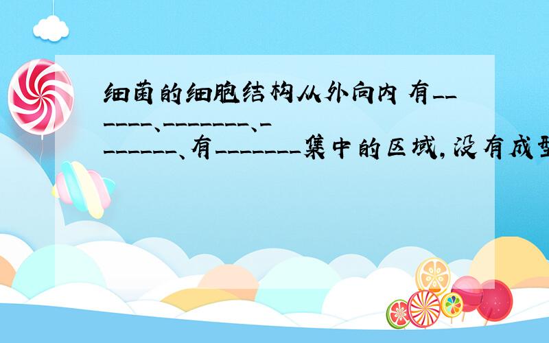 细菌的细胞结构从外向内有______、_______、_______、有_______集中的区域,没有成型的______