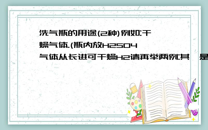 洗气瓶的用途(2种)例如:干燥气体.(瓶内放H2SO4,气体从长进可干燥H2请再举两例:其一是除气体杂质