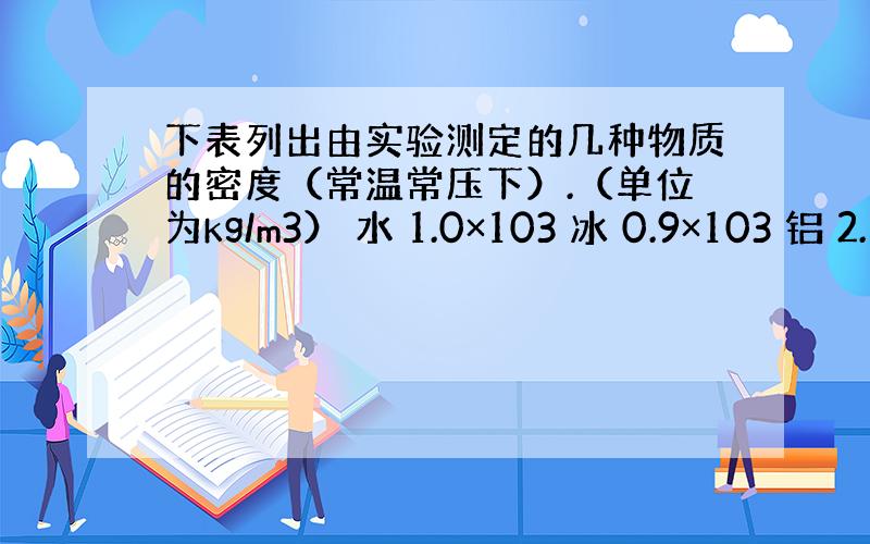 下表列出由实验测定的几种物质的密度（常温常压下）.（单位为kg/m3） 水 1.0×103 冰 0.9×103 铝 2.