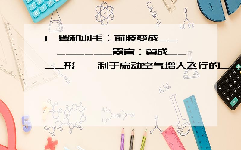 1、翼和羽毛：前肢变成__——______器官；翼成____形——利于扇动空气增大飞行的_____.