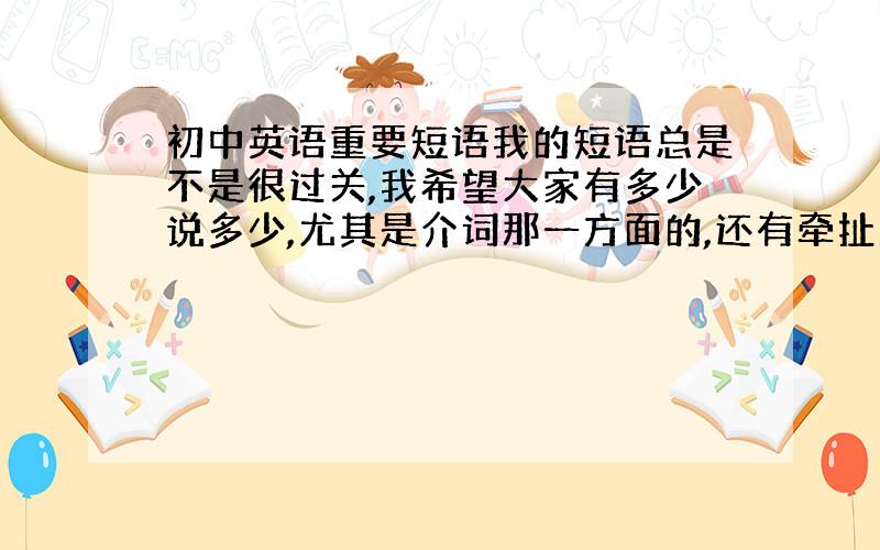 初中英语重要短语我的短语总是不是很过关,我希望大家有多少说多少,尤其是介词那一方面的,还有牵扯重要句型一类的,另外,如果