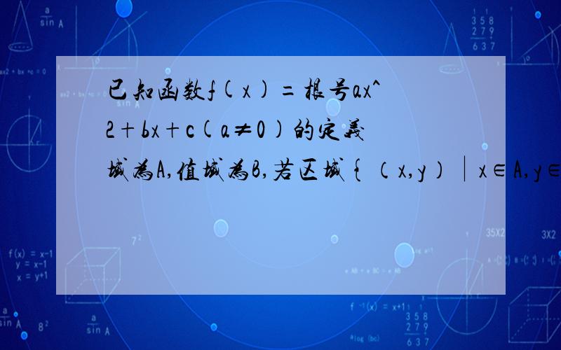 已知函数f(x)=根号ax^2+bx+c(a≠0)的定义域为A,值域为B,若区域{（x,y）∣x∈A,y∈B}为一个正方