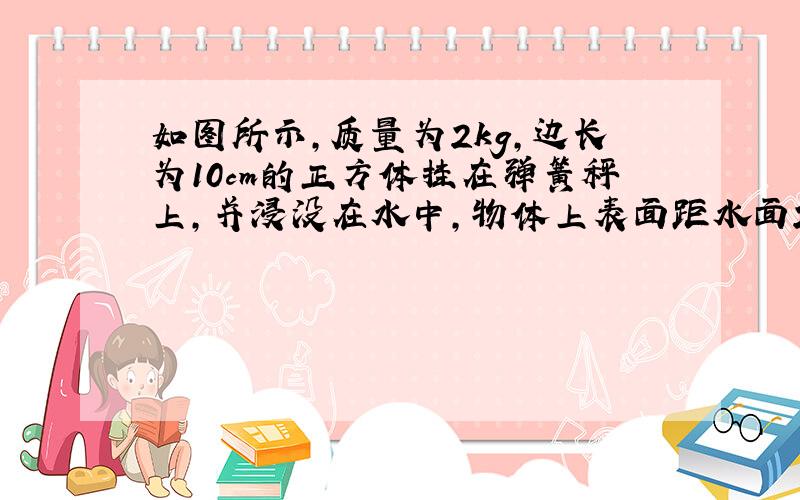 如图所示，质量为2kg，边长为10cm的正方体挂在弹簧秤上，并浸没在水中，物体上表面距水面2cm．则物体的密度为____