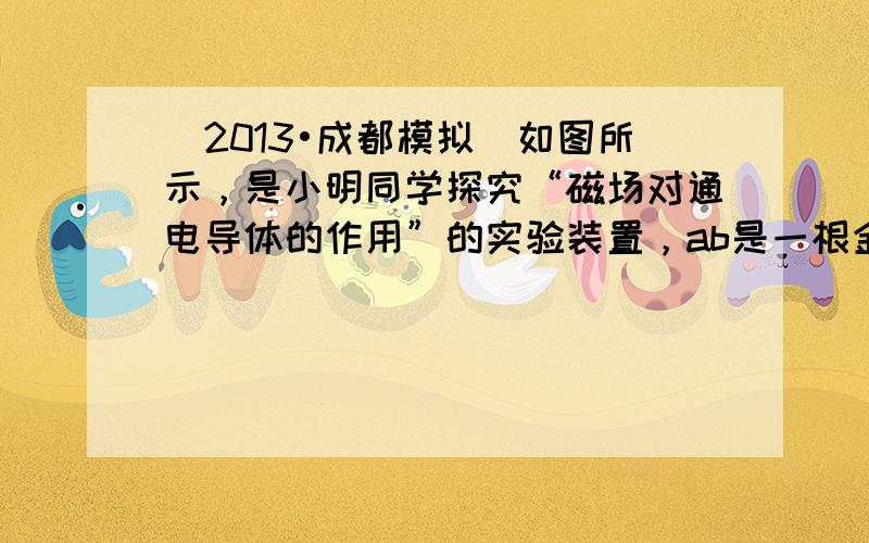 （2013•成都模拟）如图所示，是小明同学探究“磁场对通电导体的作用”的实验装置，ab是一根金属棒，通过金属导轨连接到电