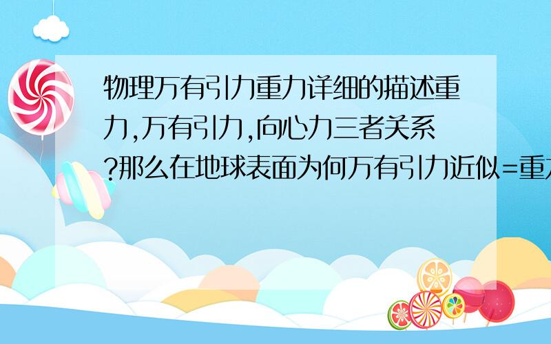 物理万有引力重力详细的描述重力,万有引力,向心力三者关系?那么在地球表面为何万有引力近似=重力，是因为向心力太小？