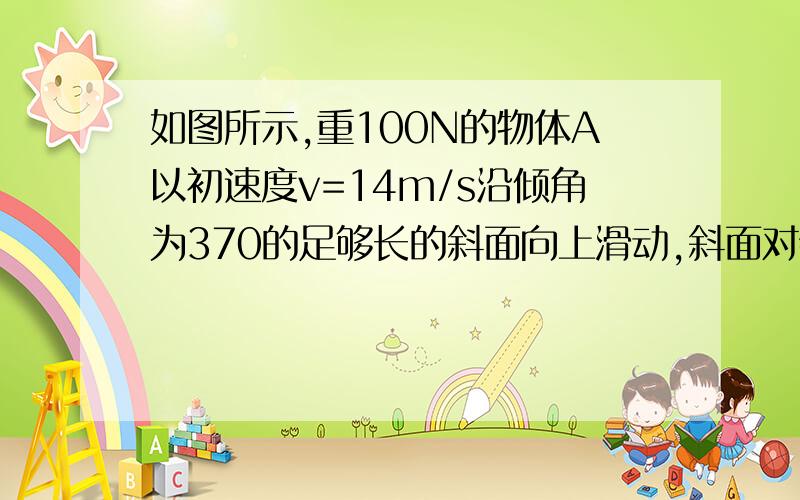 如图所示,重100N的物体A以初速度v=14m/s沿倾角为370的足够长的斜面向上滑动,斜面对物体A的摩擦力的大小