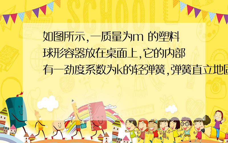 如图所示,一质量为m 的塑料球形容器放在桌面上,它的内部有一劲度系数为k的轻弹簧,弹簧直立地固定于容器内壁的底部,弹簧上