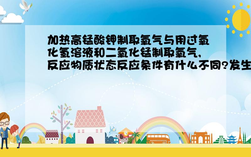 加热高锰酸钾制取氧气与用过氧化氢溶液和二氧化锰制取氧气,反应物质状态反应条件有什么不同?发生装置中仪器有什么不同?2.用