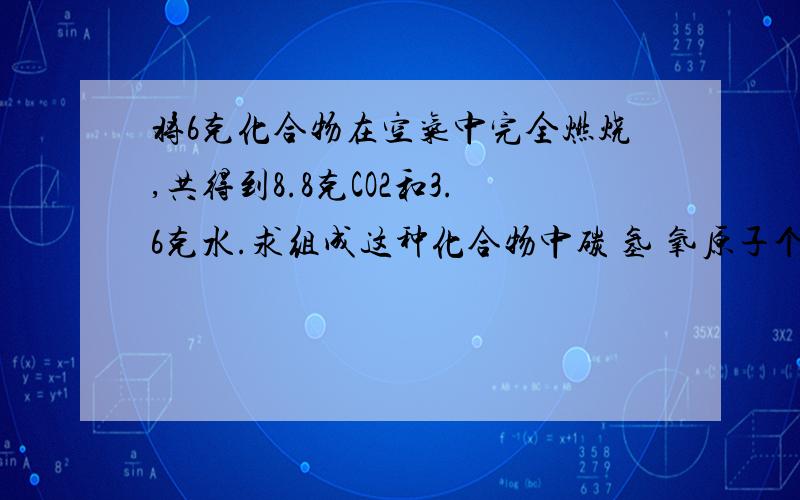 将6克化合物在空气中完全燃烧,共得到8.8克CO2和3.6克水.求组成这种化合物中碳 氢 氧原子个数比