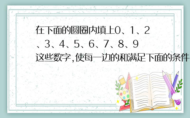 在下面的圆圈内填上0、1、2、3、4、5、6、7、8、9这些数字,使每一边的和满足下面的条件.同一数字不能用两次.O O