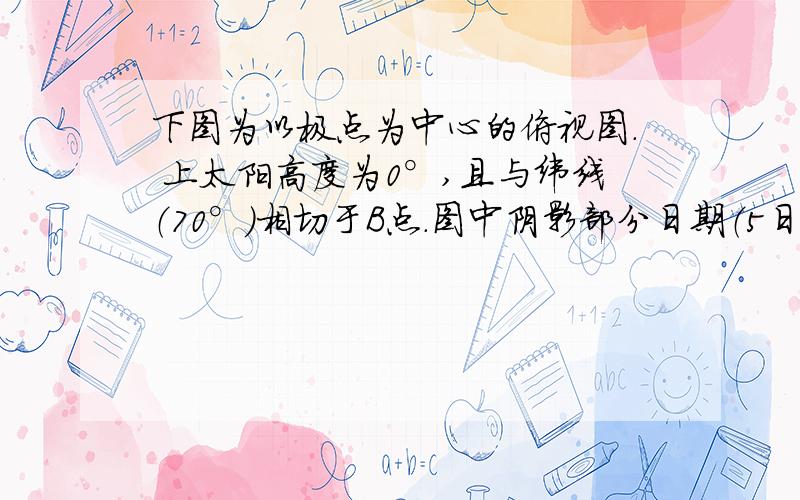 下图为以极点为中心的俯视图. 上太阳高度为0°,且与纬线（70°）相切于B点.图中阴影部分日期（5日）与