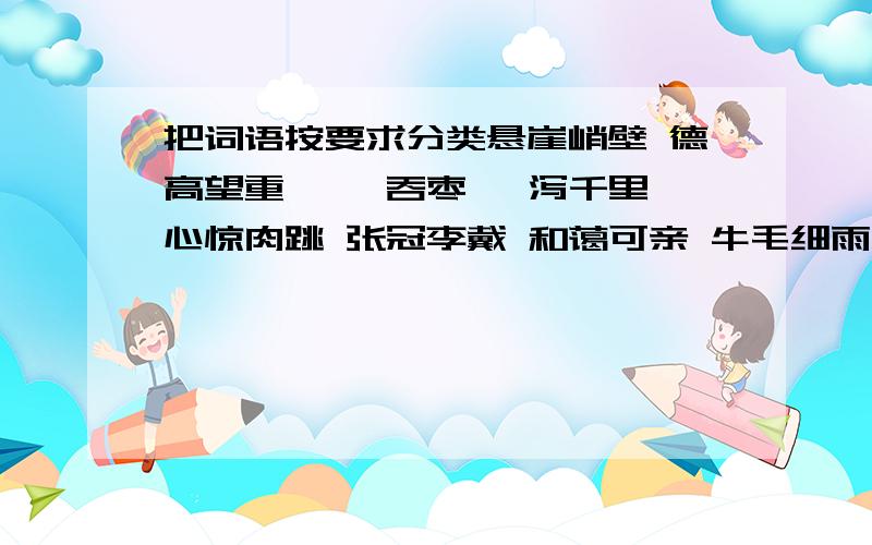 把词语按要求分类悬崖峭壁 德高望重 囫囵吞枣 一泻千里 心惊肉跳 张冠李戴 和蔼可亲 牛毛细雨写人类:写景类:寓言类: