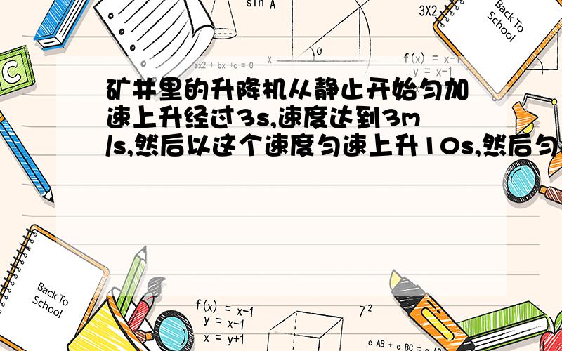 矿井里的升降机从静止开始匀加速上升经过3s,速度达到3m/s,然后以这个速度匀速上升10s,然后匀速上升5s