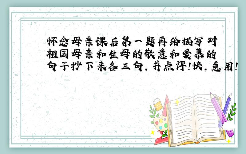 怀念母亲课后第一题再给描写对祖国母亲和生母的敬意和爱慕的句子抄下来各三句,并点评!快,急用!