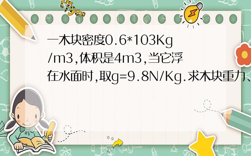 一木块密度0.6*103Kg/m3,体积是4m3,当它浮在水面时,取g=9.8N/Kg.求木块重力、浮力,排开水的体积和