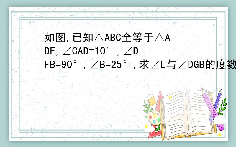 如图,已知△ABC全等于△ADE,∠CAD=10°,∠DFB=90°,∠B=25°,求∠E与∠DGB的度数.